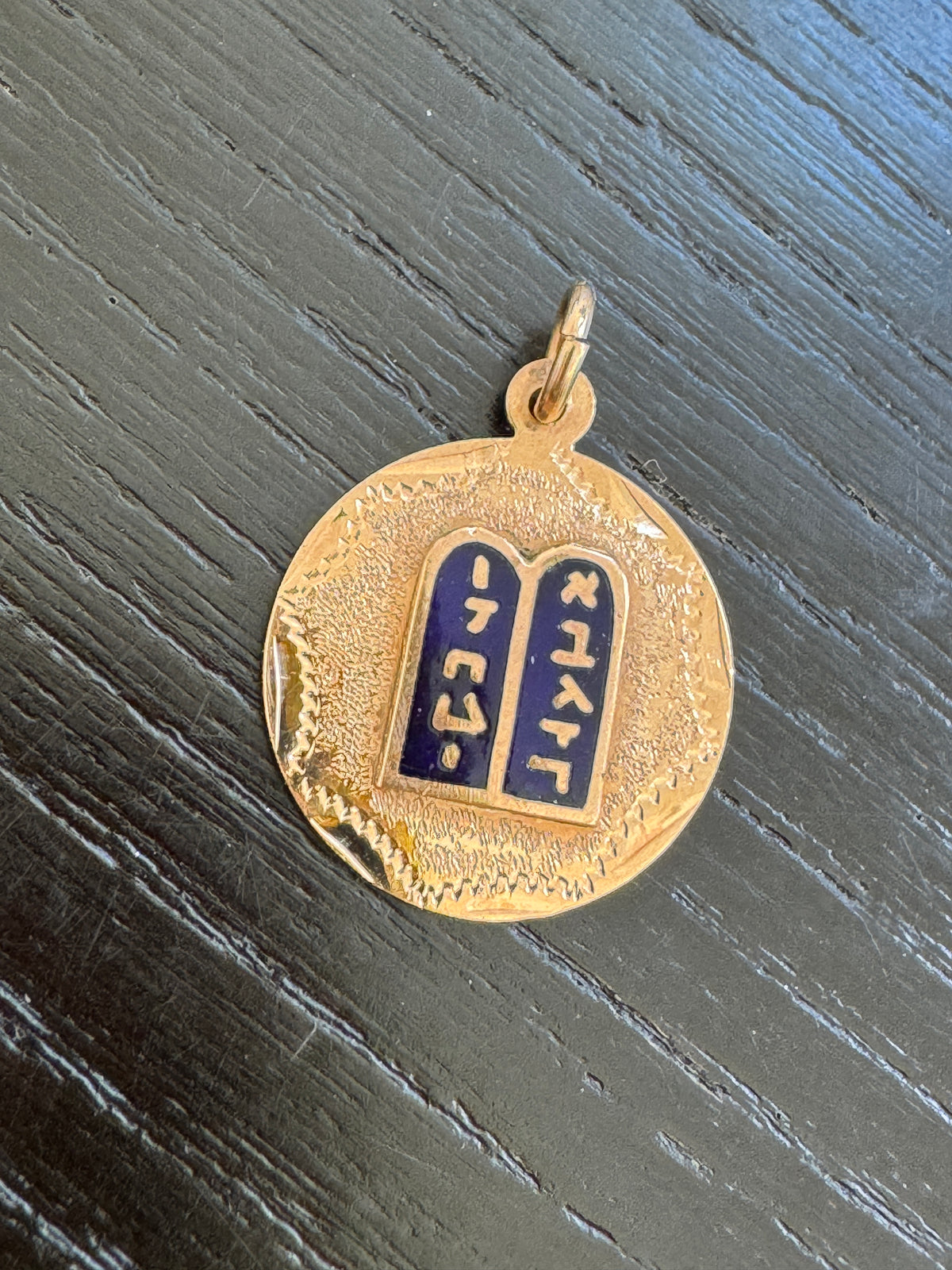 Vintage 14K Gold Ten Commandments Charm Pendant Deep Blue Enamel Tablets Judaica With the Whole Law in Under an Inch