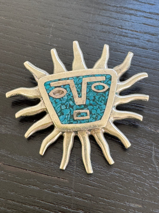 Vintage Taxco Mexico Sterling Silver Sun Face Brooch Pendant Crushed Turquoise Inlay With Wavy Rays and a Poker Face