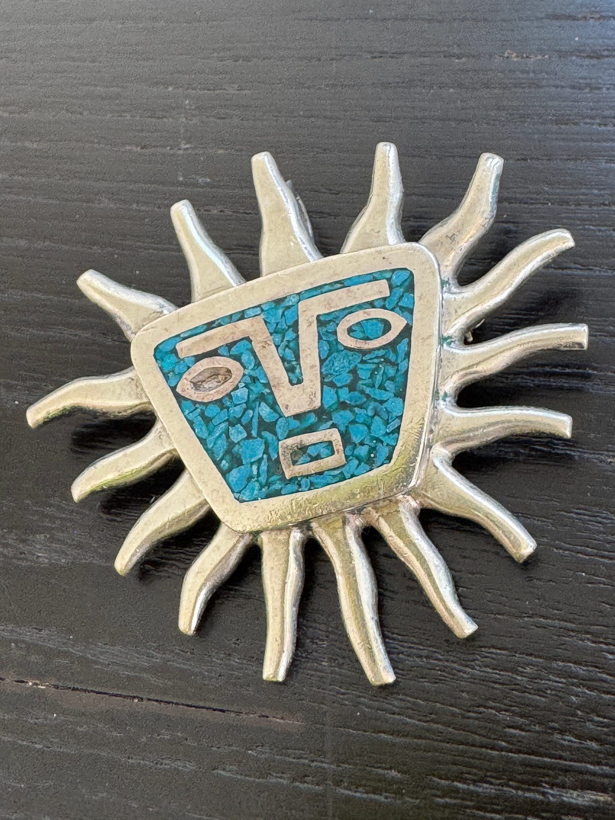 Vintage Taxco Mexico Sterling Silver Sun Face Brooch Pendant Crushed Turquoise Inlay With Wavy Rays and a Poker Face