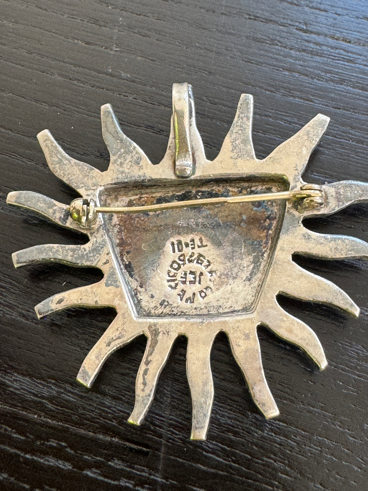 Vintage Taxco Mexico Sterling Silver Sun Face Brooch Pendant Crushed Turquoise Inlay With Wavy Rays and a Poker Face