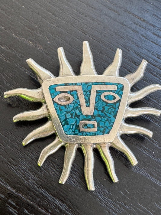 Vintage Taxco Mexico Sterling Silver Sun Face Brooch Pendant Crushed Turquoise Inlay With Wavy Rays and a Poker Face