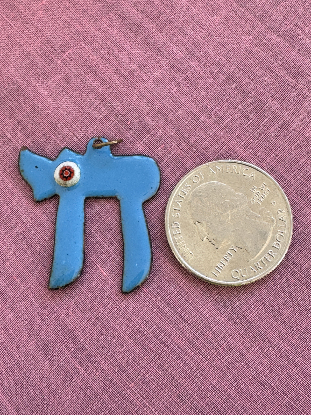 Vintage Enamel on Copper Chai Pendant Sky Blue Judaica Life Symbol With Millefiori Flower Glass Accent