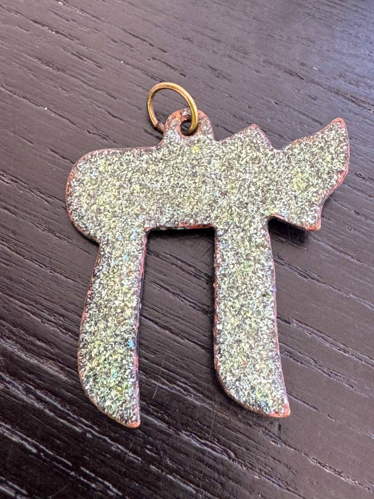 Vintage Enamel on Copper Chai Pendant Sky Blue Hebrew Life Symbol With Millefiori Star Glass Accent