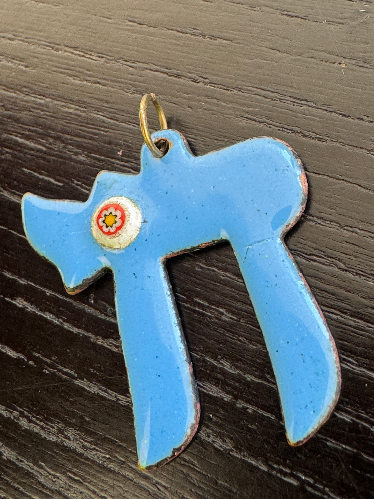 Vintage Enamel on Copper Chai Pendant Sky Blue Hebrew Life Symbol With Millefiori Star Glass Accent