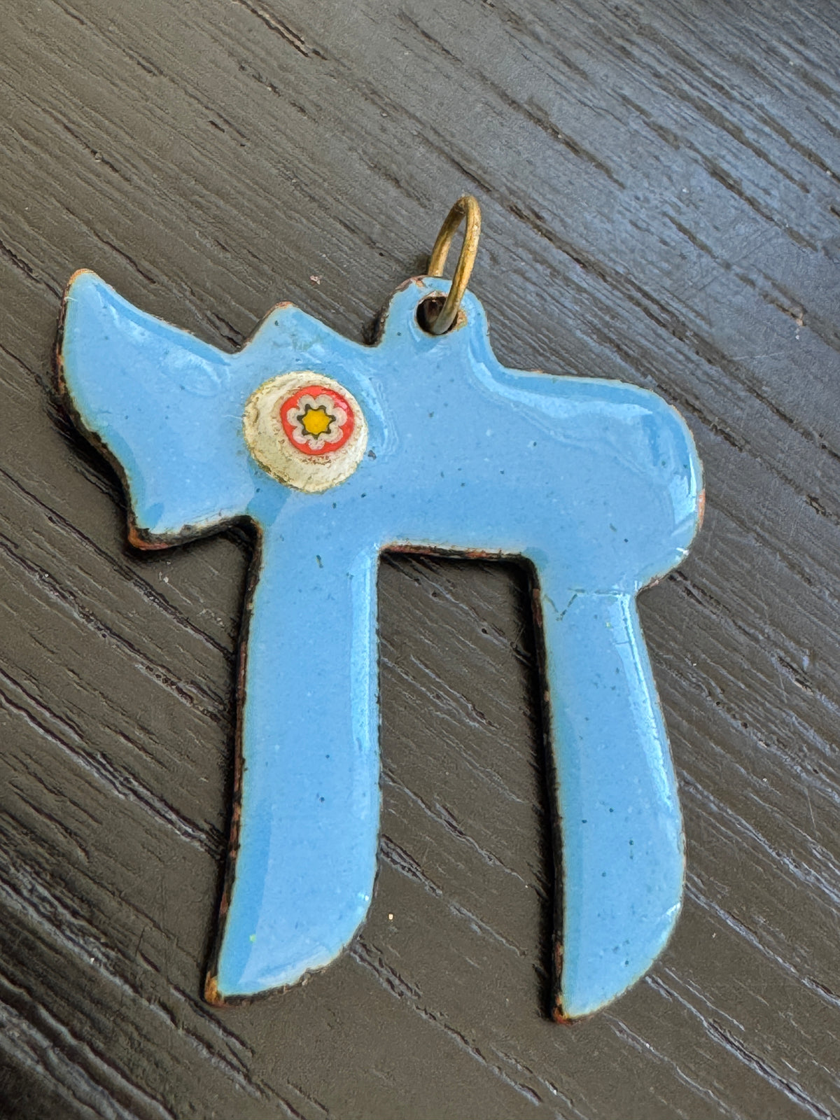 Vintage Enamel on Copper Chai Pendant Sky Blue Judaica Life Symbol With Millefiori Flower Glass Accent