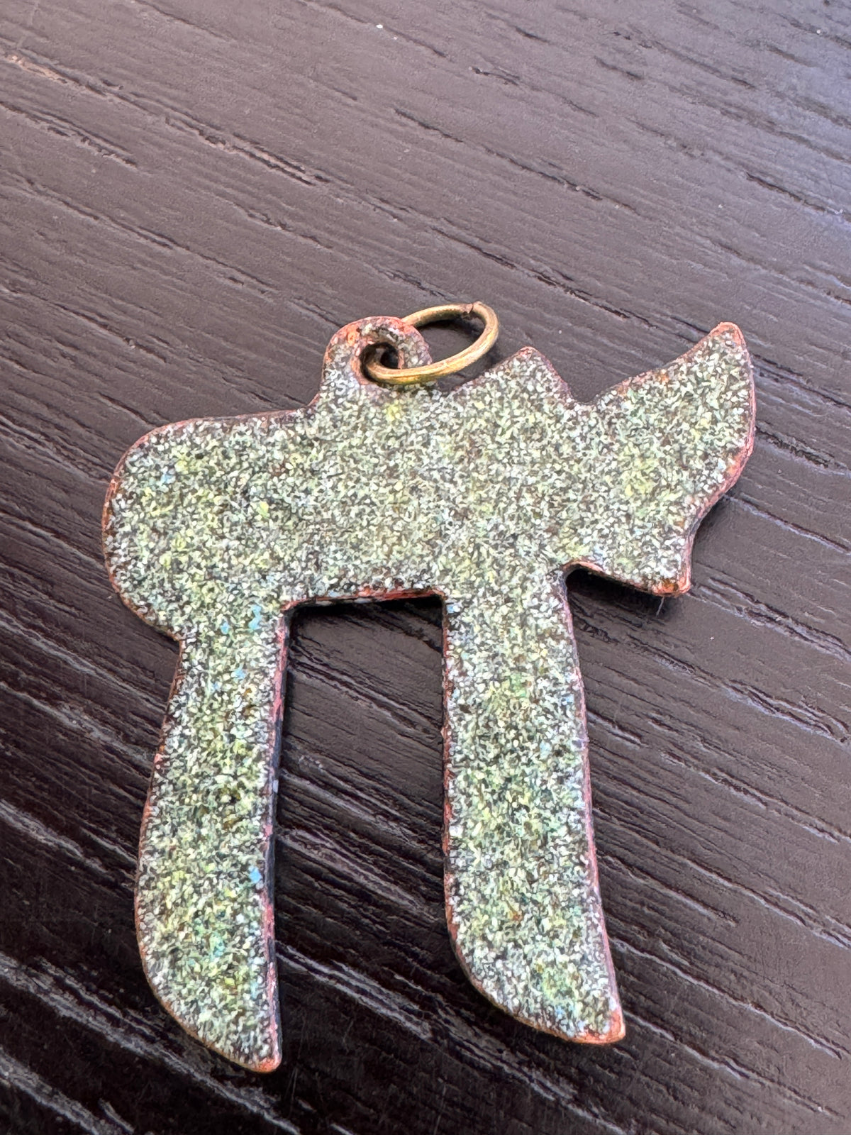 Vintage Enamel on Copper Chai Pendant Sky Blue Hebrew Life Symbol With Millefiori Star Glass Accent