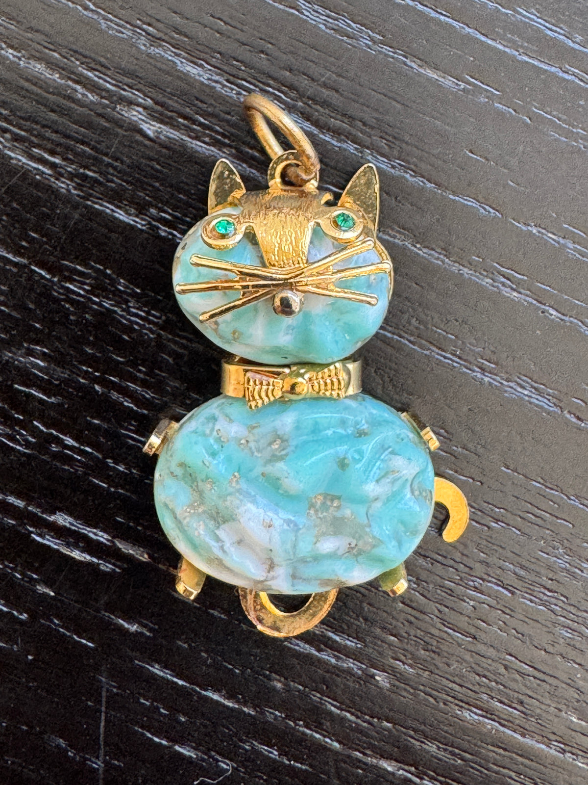 Vintage Gold Tone Cat Pendant Charm Turquoise Blue Stone Body Green Rhinestone Eyes and a Dapper Bow Tie