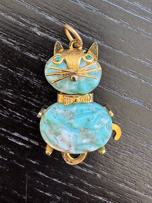 Vintage Gold Tone Cat Pendant Charm Turquoise Blue Stone Body Green Rhinestone Eyes and a Dapper Bow Tie