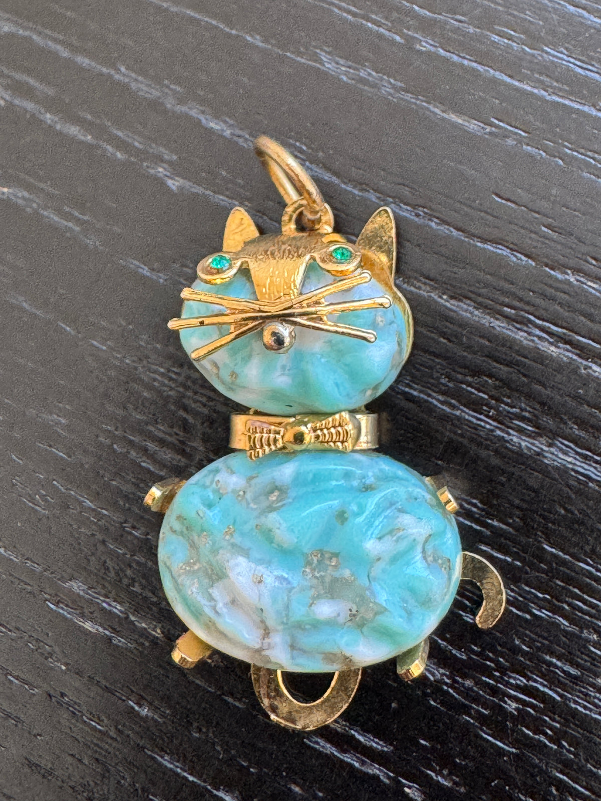 Vintage Gold Tone Cat Pendant Charm Turquoise Blue Stone Body Green Rhinestone Eyes and a Dapper Bow Tie