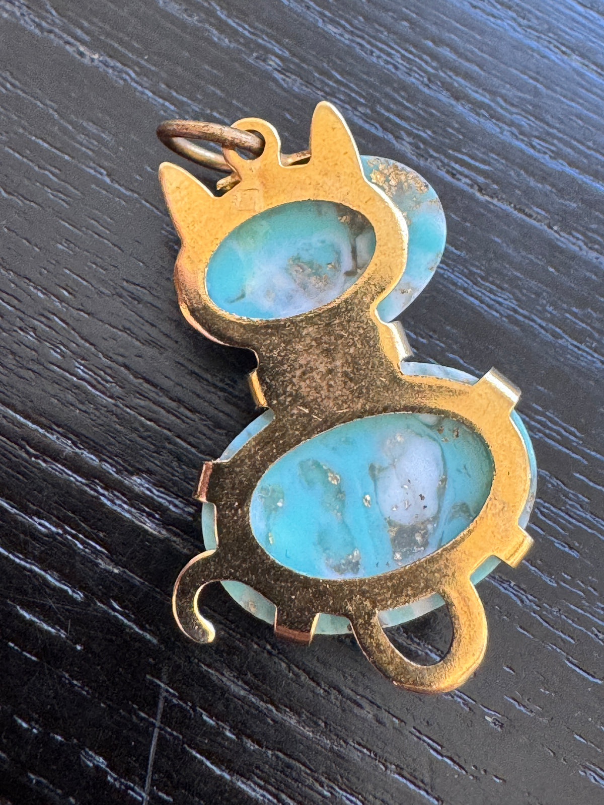 Vintage Gold Tone Cat Pendant Charm Turquoise Blue Stone Body Green Rhinestone Eyes and a Dapper Bow Tie