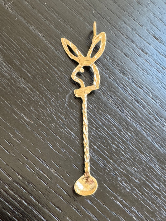 Vintage 14K Gold Bow Tie Bunny Pendant With Miniature Spoon Disco Era Figural Rabbit Charm That Came With Its Own Cutlery