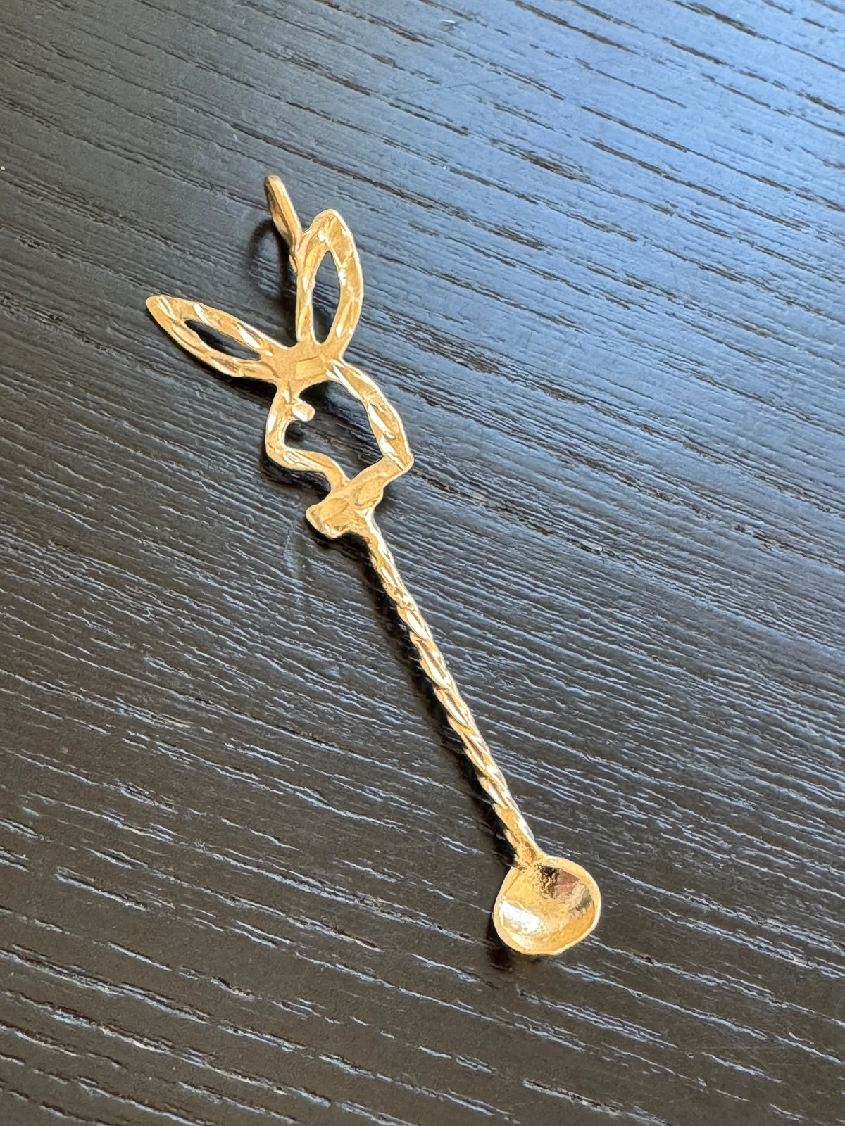 Vintage 14K Gold Bow Tie Bunny Pendant With Miniature Spoon Disco Era Figural Rabbit Charm That Came With Its Own Cutlery