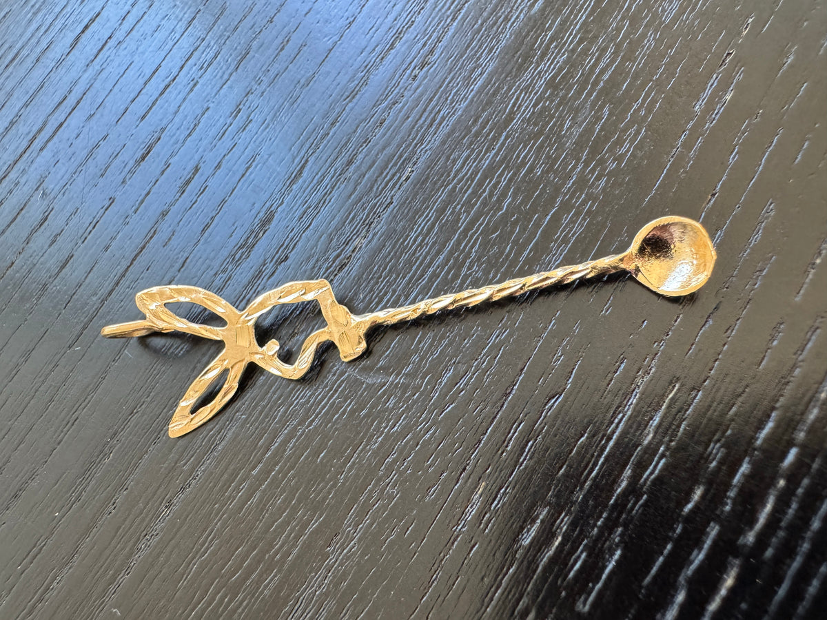 Vintage 14K Gold Bow Tie Bunny Pendant With Miniature Spoon Disco Era Figural Rabbit Charm That Came With Its Own Cutlery