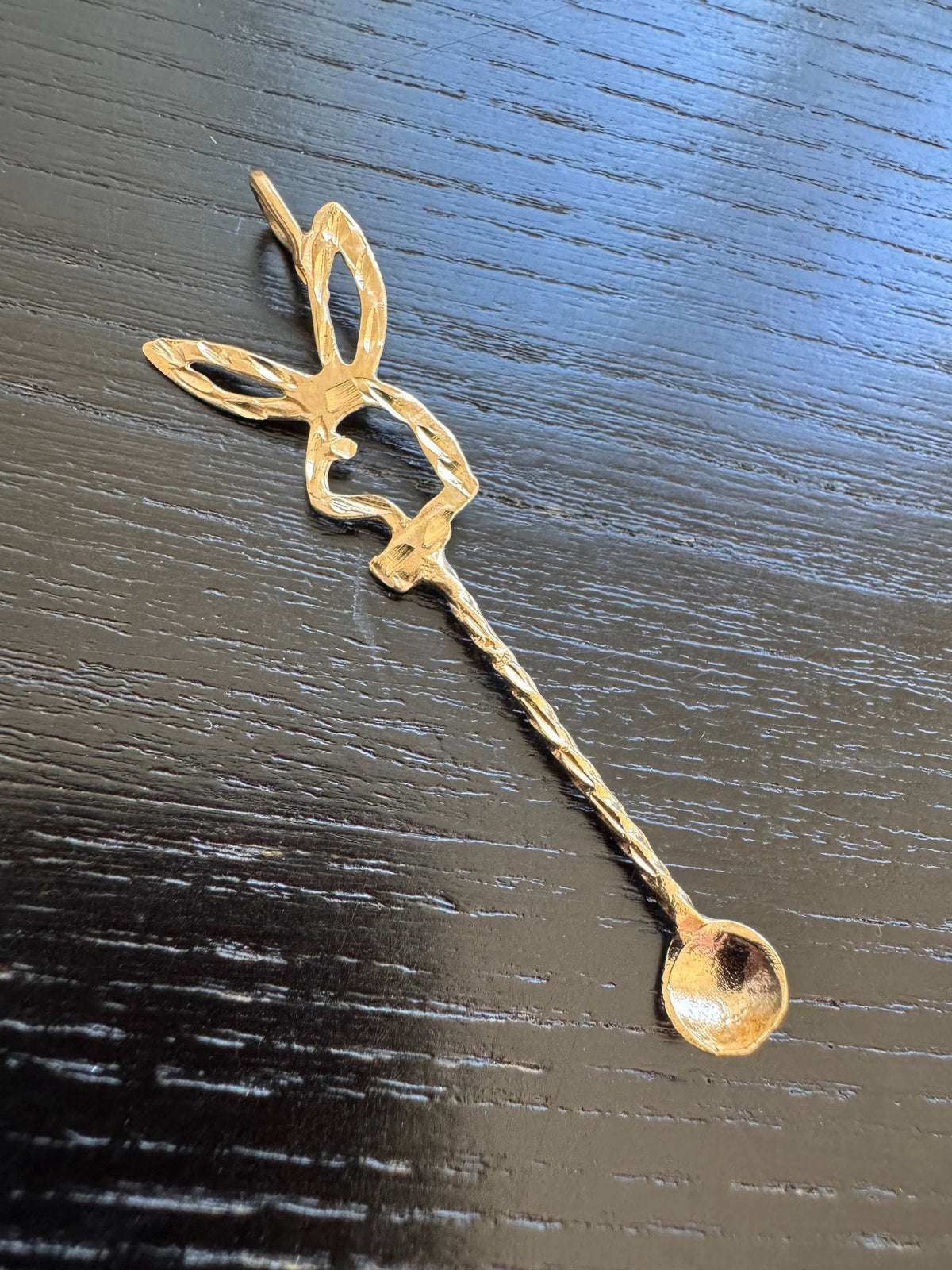 Vintage 14K Gold Bow Tie Bunny Pendant With Miniature Spoon Disco Era Figural Rabbit Charm That Came With Its Own Cutlery