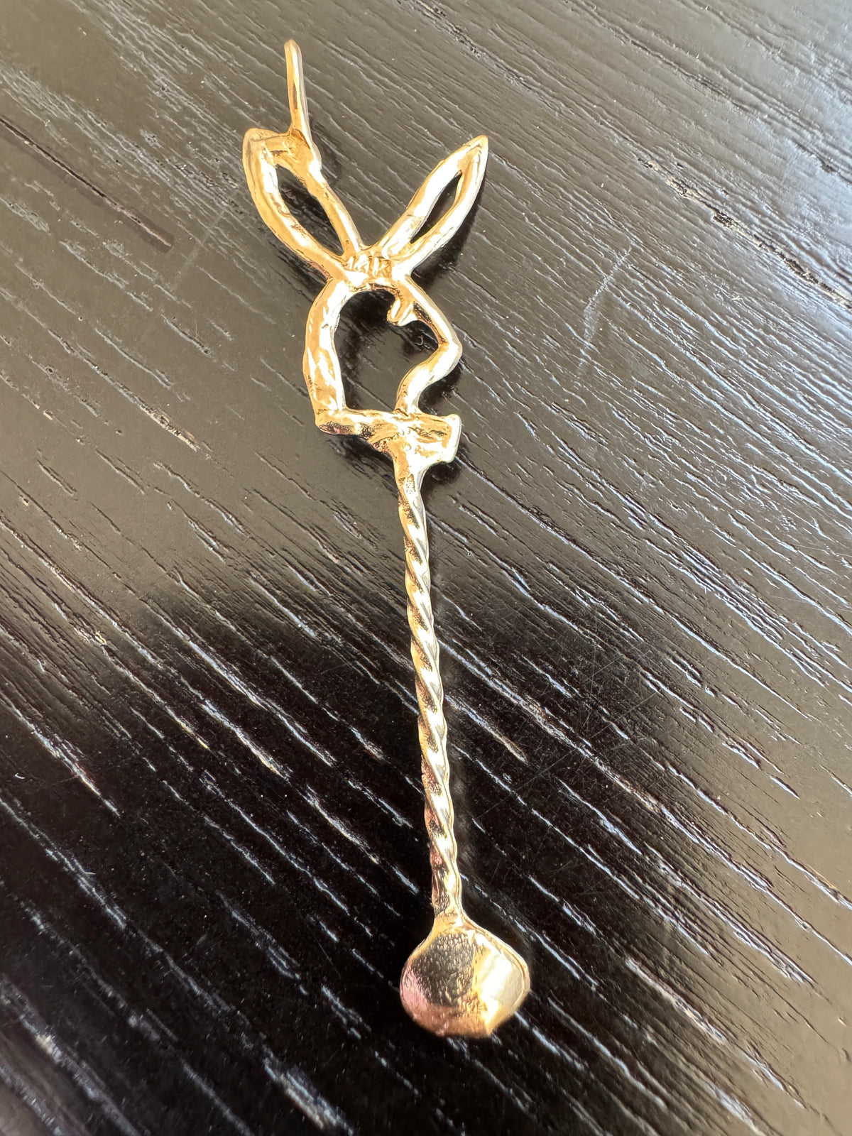 Vintage 14K Gold Bow Tie Bunny Pendant With Miniature Spoon Disco Era Figural Rabbit Charm That Came With Its Own Cutlery