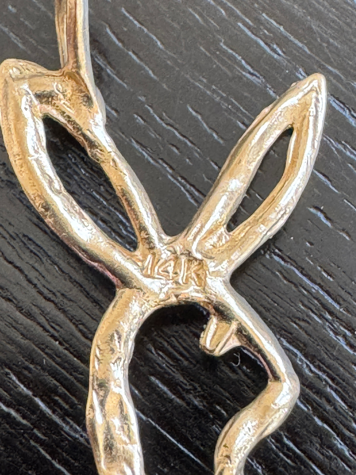 Vintage 14K Gold Bow Tie Bunny Pendant With Miniature Spoon Disco Era Figural Rabbit Charm That Came With Its Own Cutlery