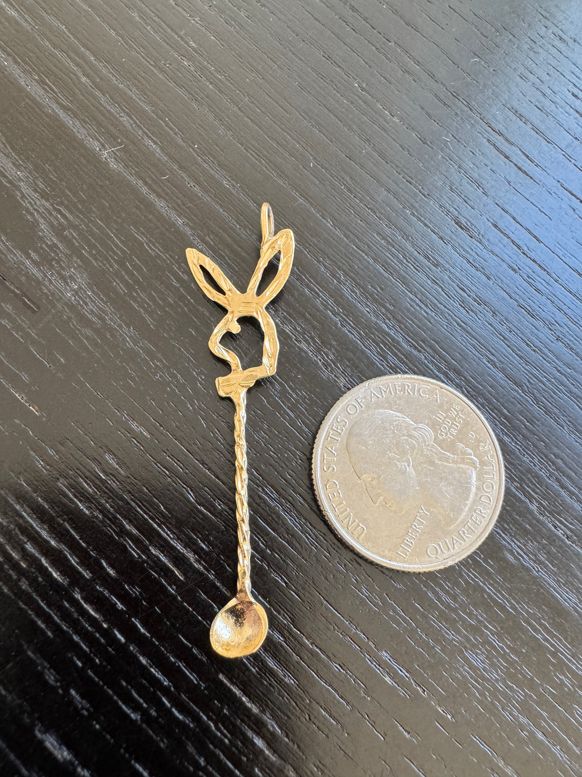 Vintage 14K Gold Bow Tie Bunny Pendant With Miniature Spoon Disco Era Figural Rabbit Charm That Came With Its Own Cutlery