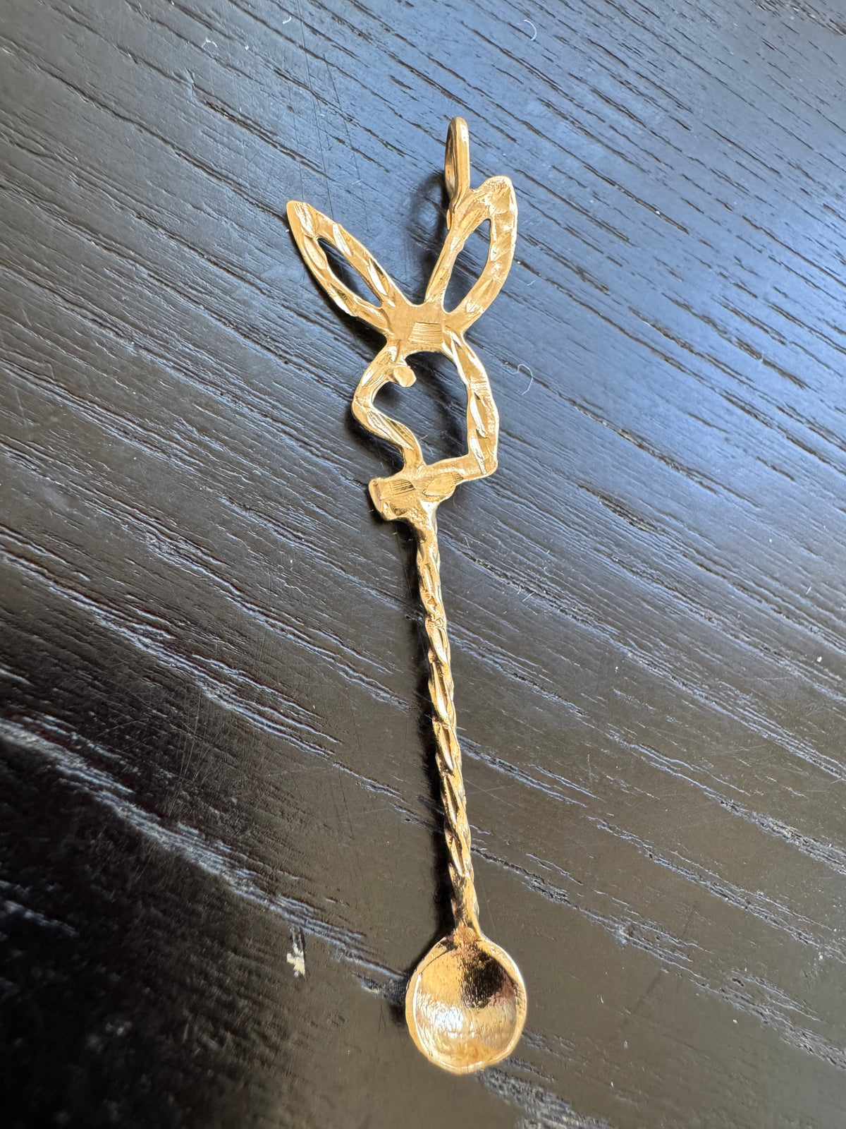 Vintage 14K Gold Bow Tie Bunny Pendant With Miniature Spoon Disco Era Figural Rabbit Charm That Came With Its Own Cutlery
