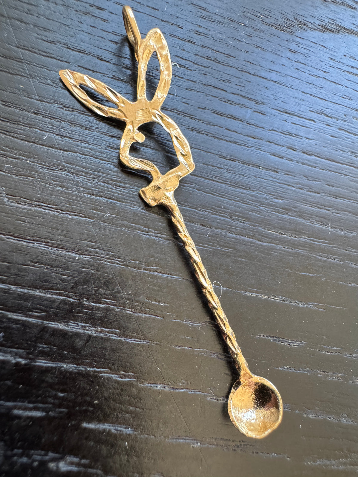 Vintage 14K Gold Bow Tie Bunny Pendant With Miniature Spoon Disco Era Figural Rabbit Charm That Came With Its Own Cutlery