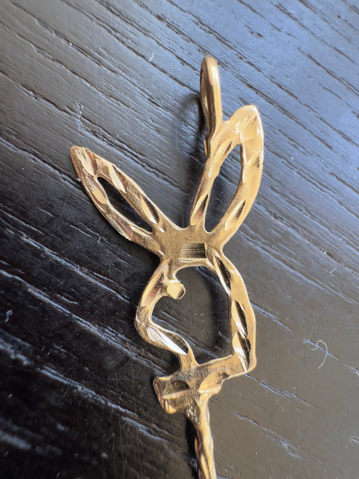 Vintage 14K Gold Bow Tie Bunny Pendant With Miniature Spoon Disco Era Figural Rabbit Charm That Came With Its Own Cutlery
