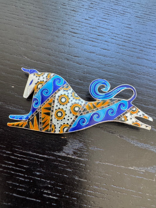 Vintage Cloisonne Enamel Sterling Silver Bull Brooch Blue Waves and Orange Suns Folk Art Statement Pin