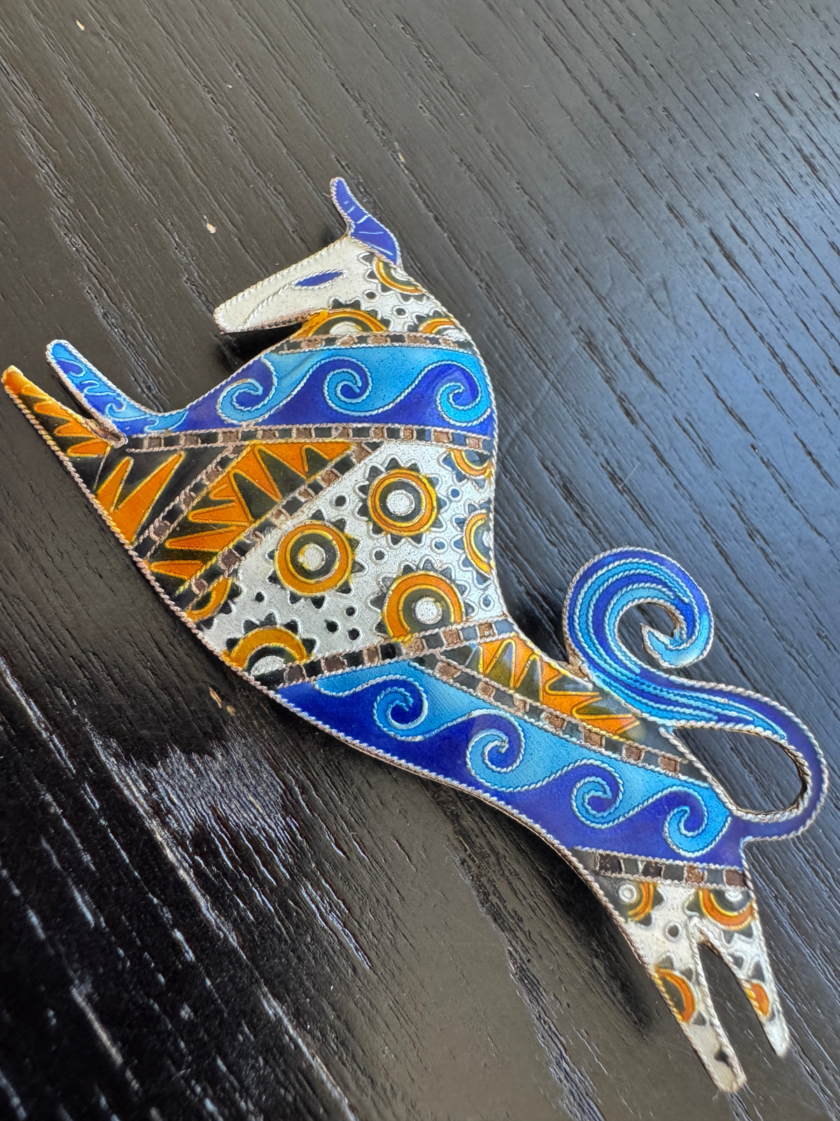 Vintage Cloisonne Enamel Sterling Silver Bull Brooch Blue Waves and Orange Suns Folk Art Statement Pin