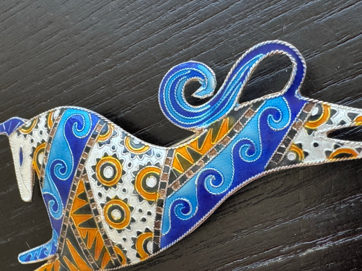 Vintage Cloisonne Enamel Sterling Silver Bull Brooch Blue Waves and Orange Suns Folk Art Statement Pin