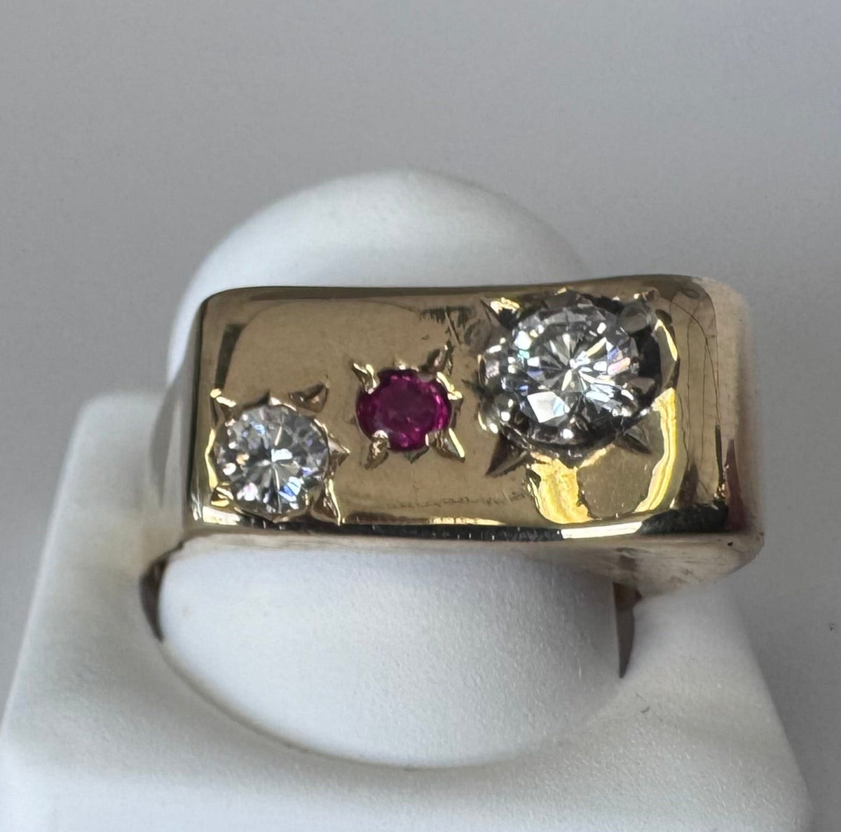 Large and Funky Mid-Century 14K Gold Modernist Ruby and Diamond Ring