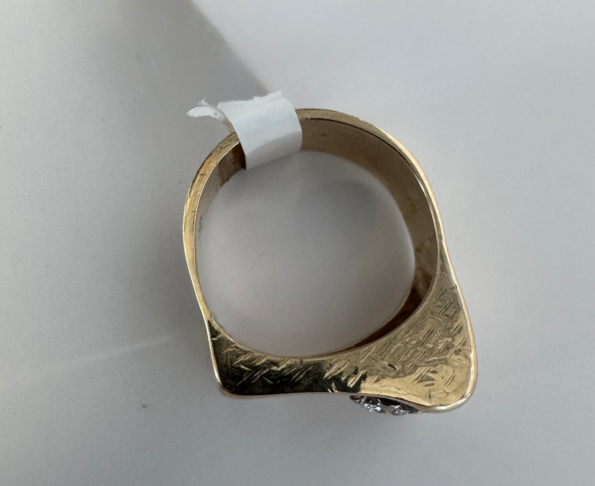 Large and Funky Mid-Century 14K Gold Modernist Ruby and Diamond Ring