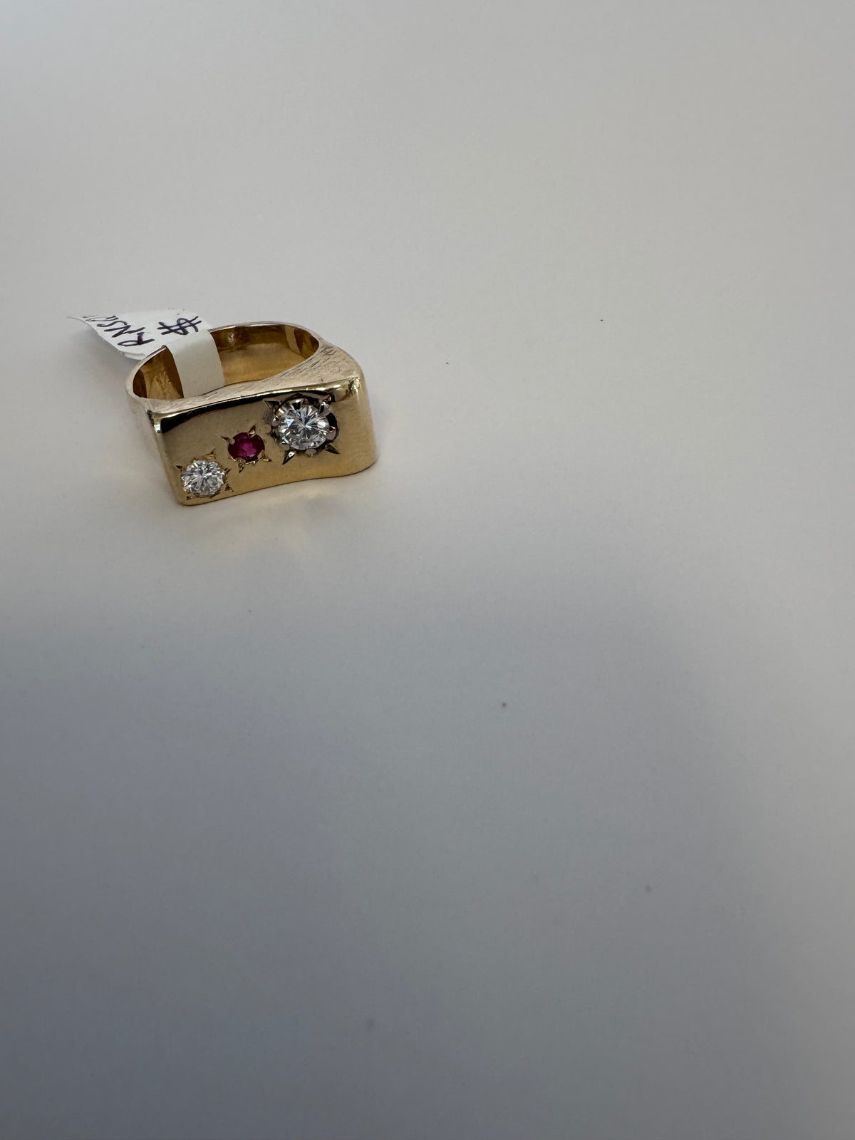 Large and Funky Mid-Century 14K Gold Modernist Ruby and Diamond Ring