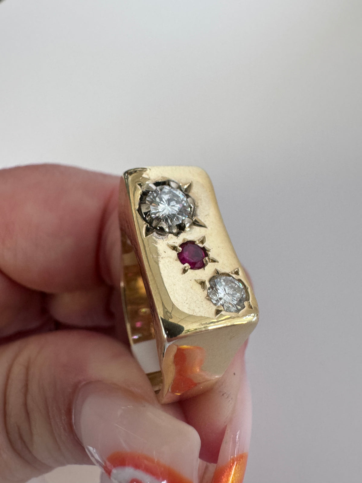 Estate 14K gold modernist men's ring diamond ruby size 8.5 abstract rectangular design