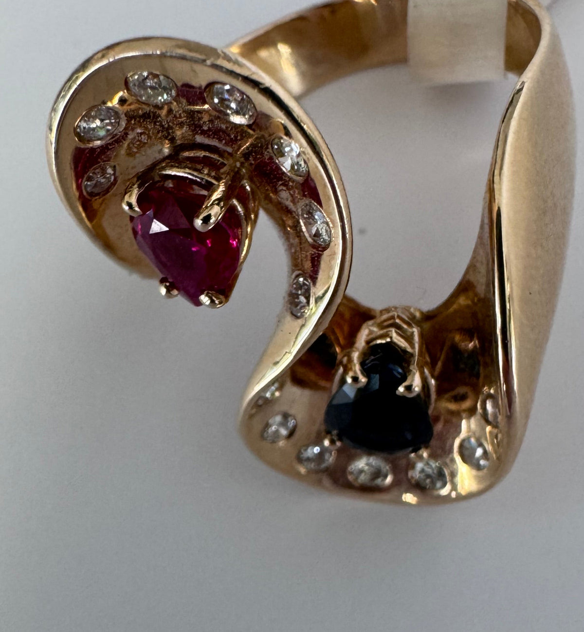 1970s Space Age 14K Gold Ruby Sapphire Diamond Sculptural Ring