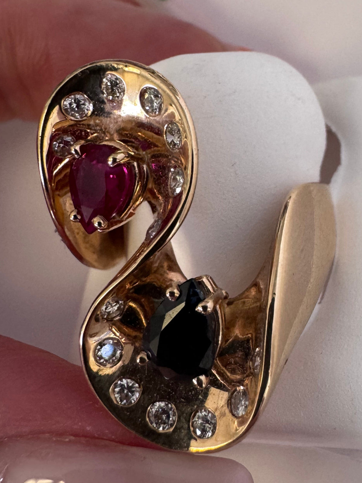 1970s Space Age 14K Gold Ruby Sapphire Diamond Sculptural Ring