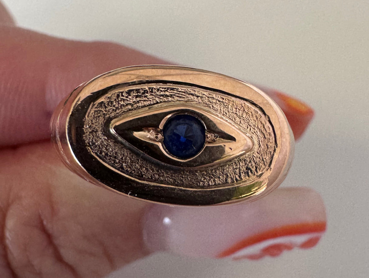 14K Gold Vintage Evil Eye Ring Blue Sapphire