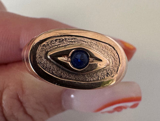 14K Gold Vintage Evil Eye Ring Blue Sapphire