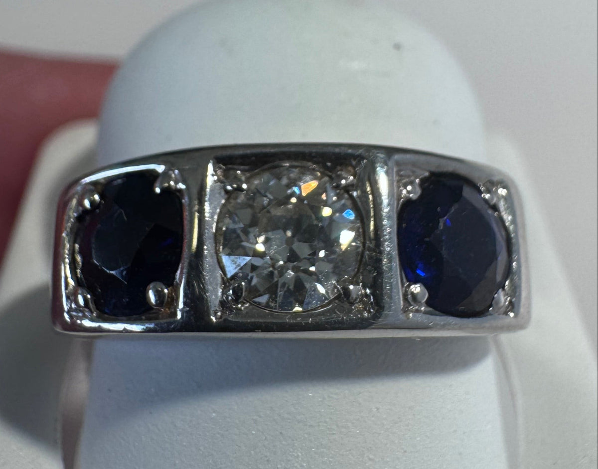 18K White Gold Art Deco Diamond Sapphire Ring