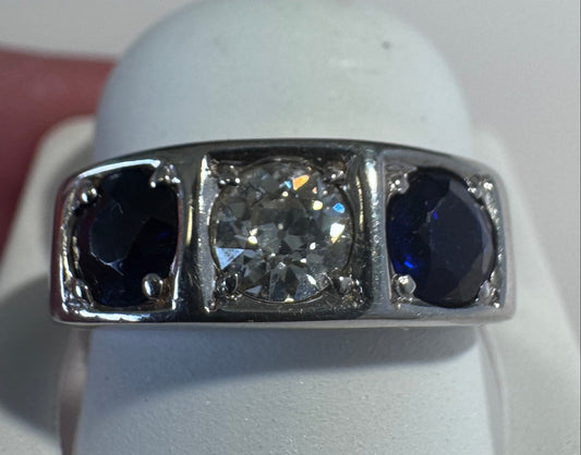 18K White Gold Art Deco Diamond Sapphire Ring