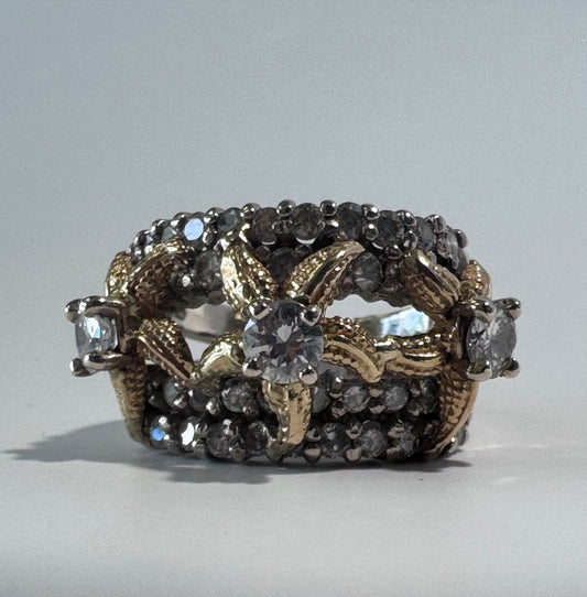 Estate 14K two tone gold diamond starfish ring 1.4ctw vintage design