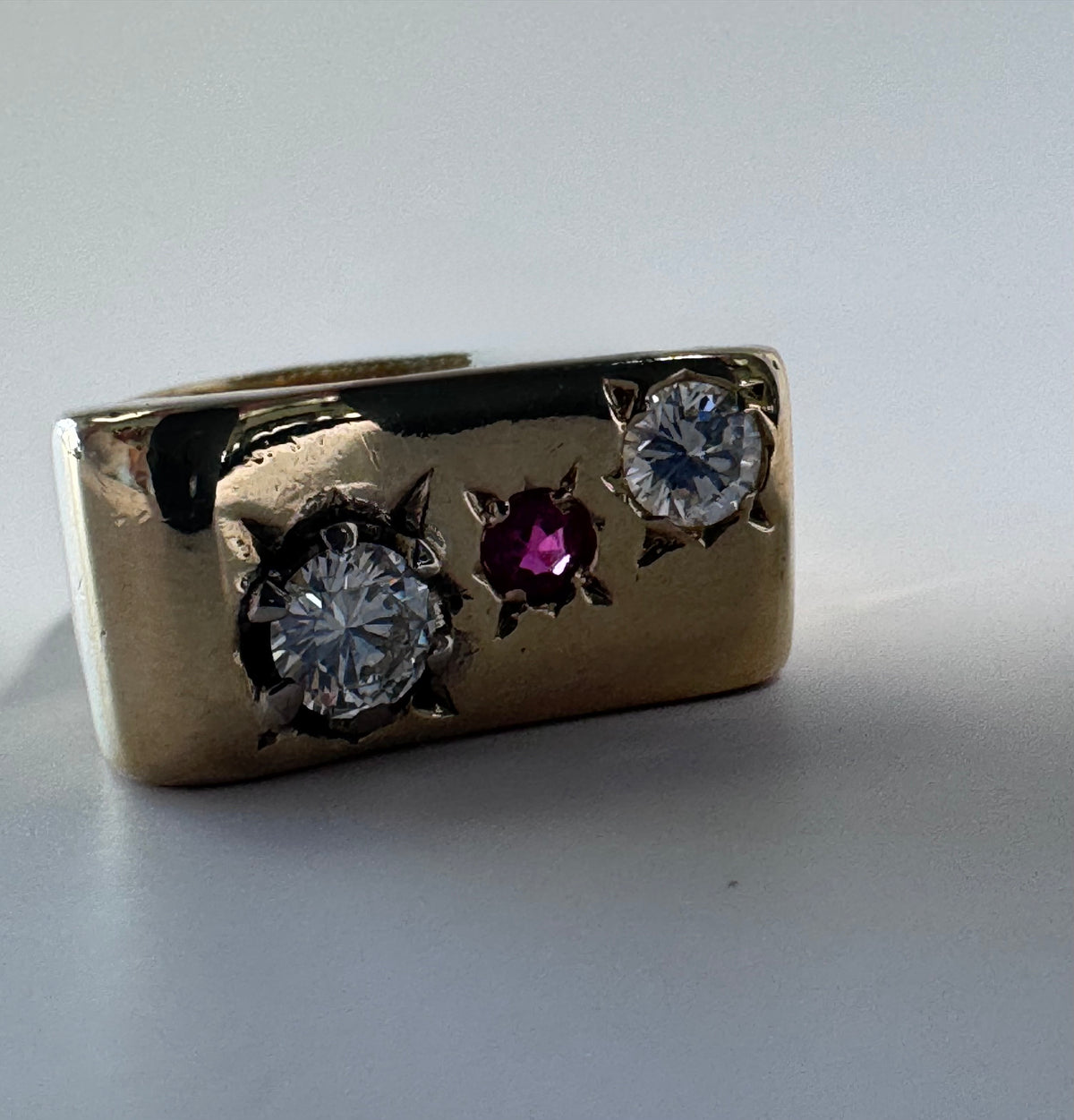 Large and Funky Mid-Century 14K Gold Modernist Ruby and Diamond Ring