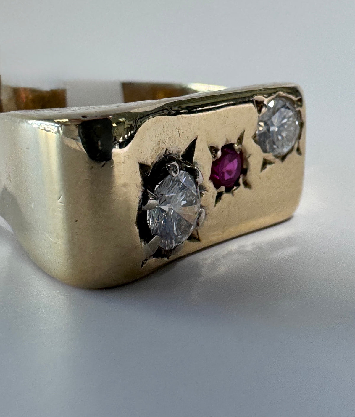Estate 14K gold modernist men's ring diamond ruby size 8.5 abstract rectangular design
