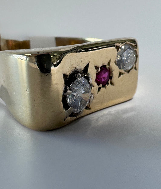 Estate 14K gold modernist men's ring diamond ruby size 8.5 abstract rectangular design
