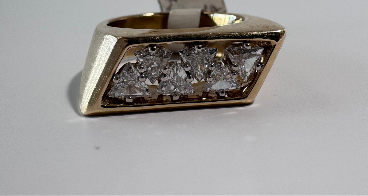 Bold 14K Gold 1950s Diamond Band Ring Trilliant Cut