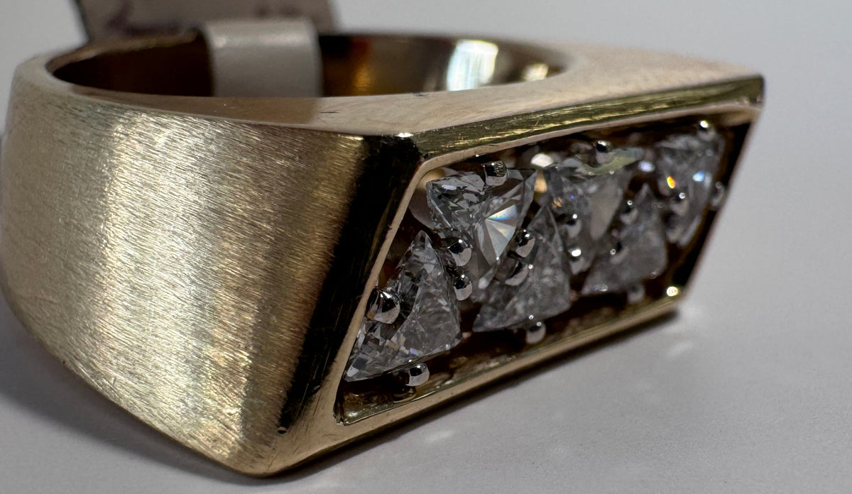 Bold 14K Gold 1950s Diamond Band Ring Trilliant Cut