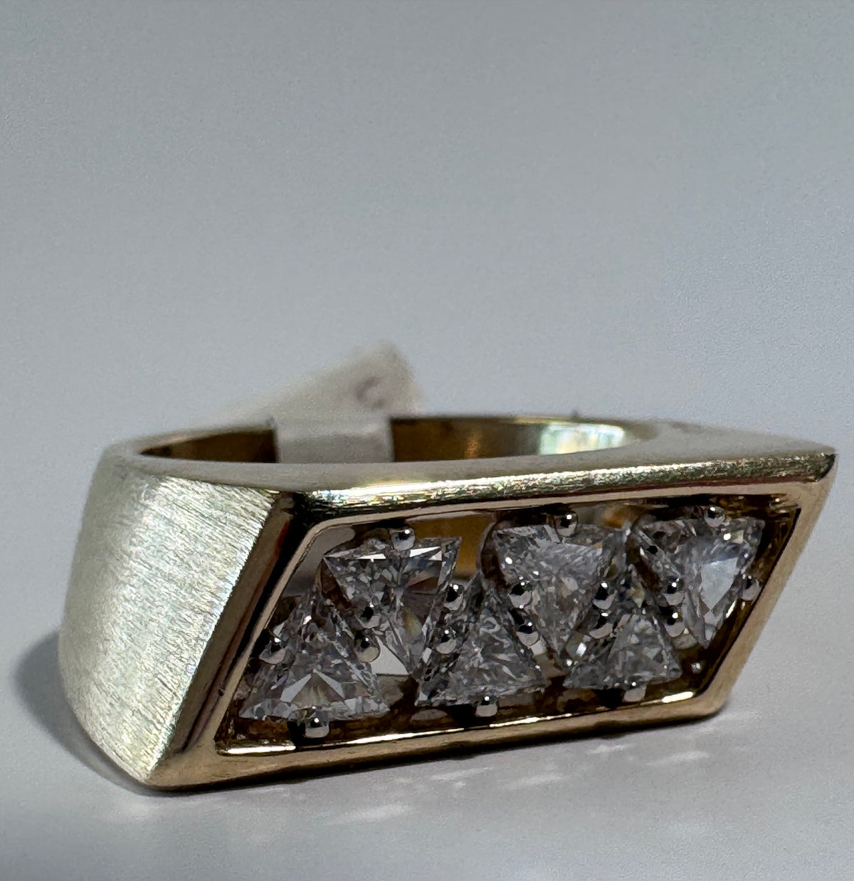 Bold 14K Gold 1950s Diamond Band Ring Trilliant Cut
