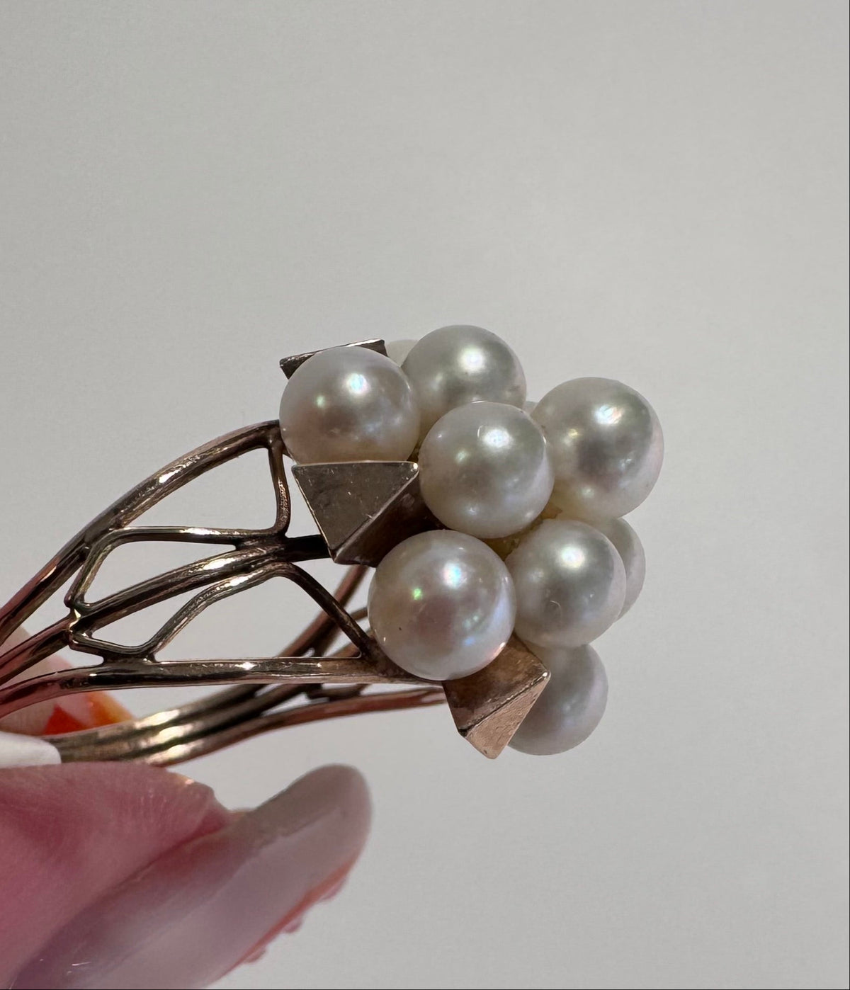 Estate 14K yellow gold pearl cluster cocktail ring size 6.25 mid-century design
