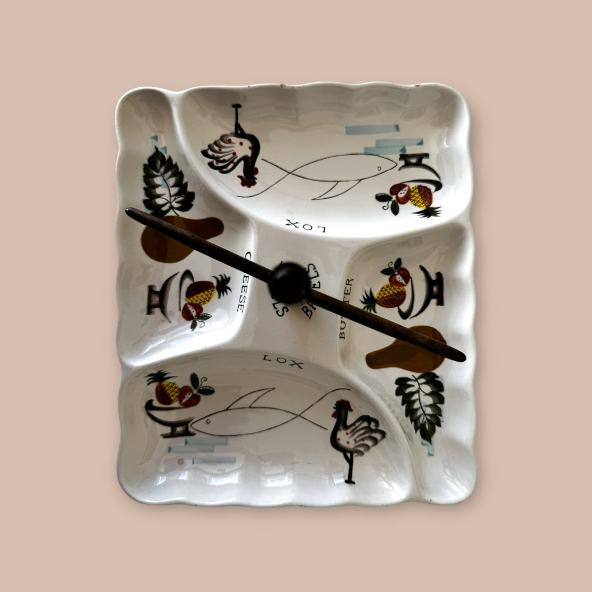 Vintage Ceramic Bagel and Lox Serving Plate with Center Bagel Holder Mid-Century Entertaining