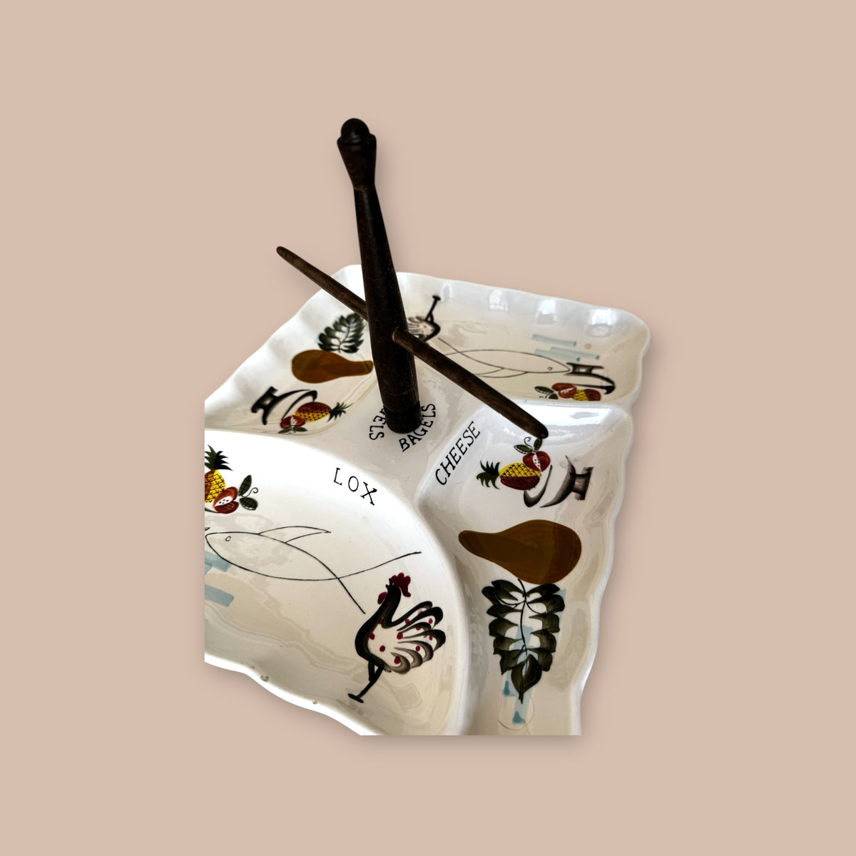 Vintage Ceramic Bagel and Lox Serving Plate with Center Bagel Holder Mid-Century Entertaining