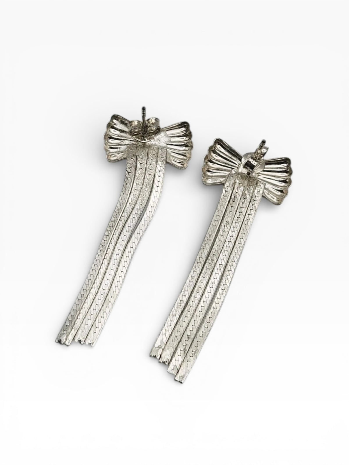 Vintage Sterling Silver Bow Earrings with Fringe Dangles Rockabilly Pin-Up Style