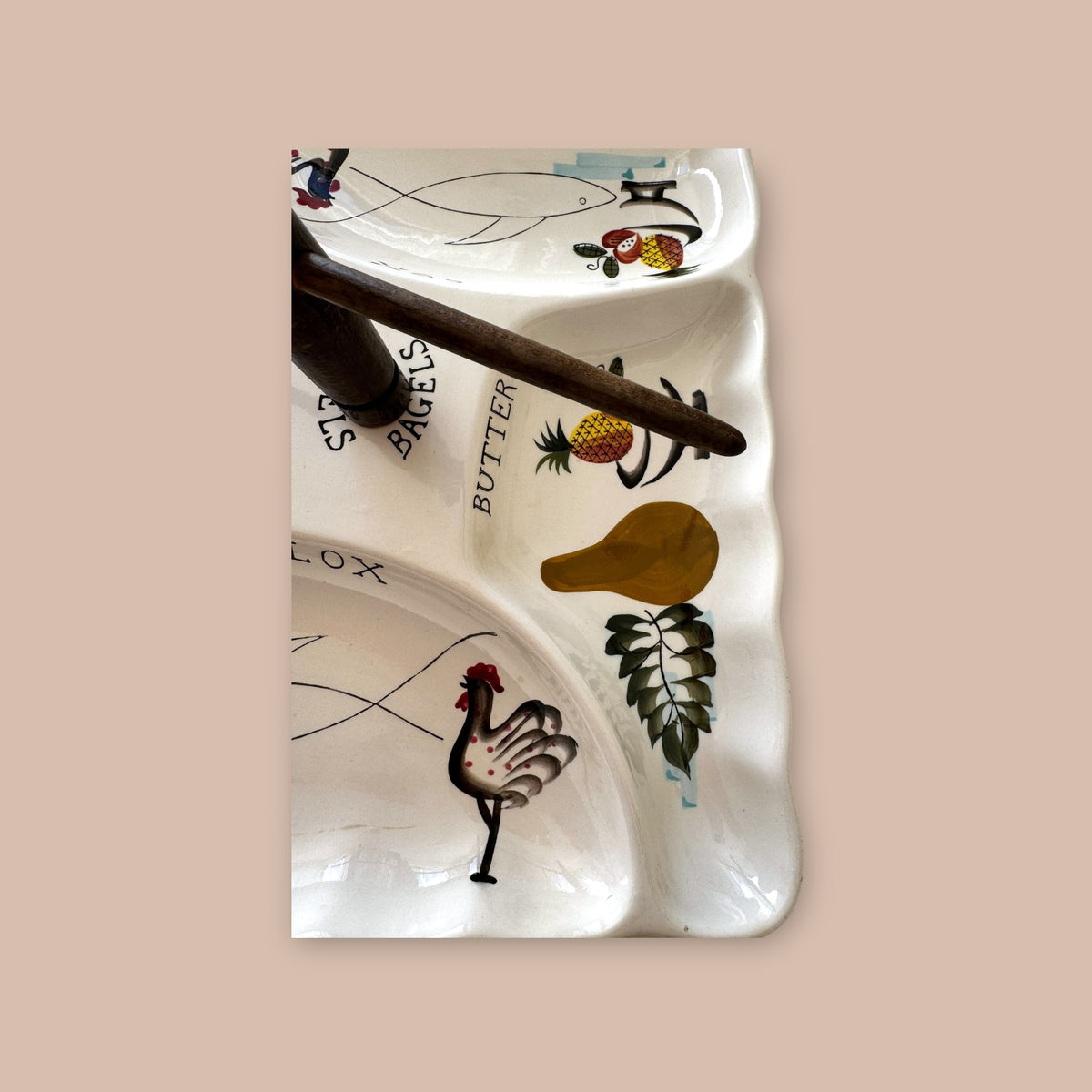 Vintage Ceramic Bagel and Lox Serving Plate with Center Bagel Holder Mid-Century Entertaining