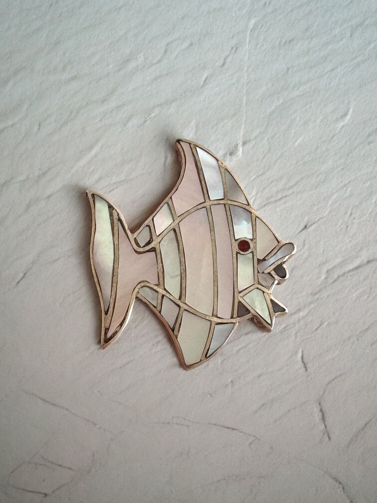 Vintage Sterling Silver Mother of Pearl Fish Mosaic Inlay Earrings
